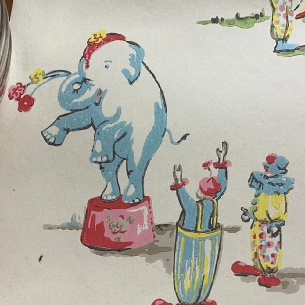 Vintage Cath Kidston Whimsical Circus Wallpaper Panel in Pink, Blue & Yellow